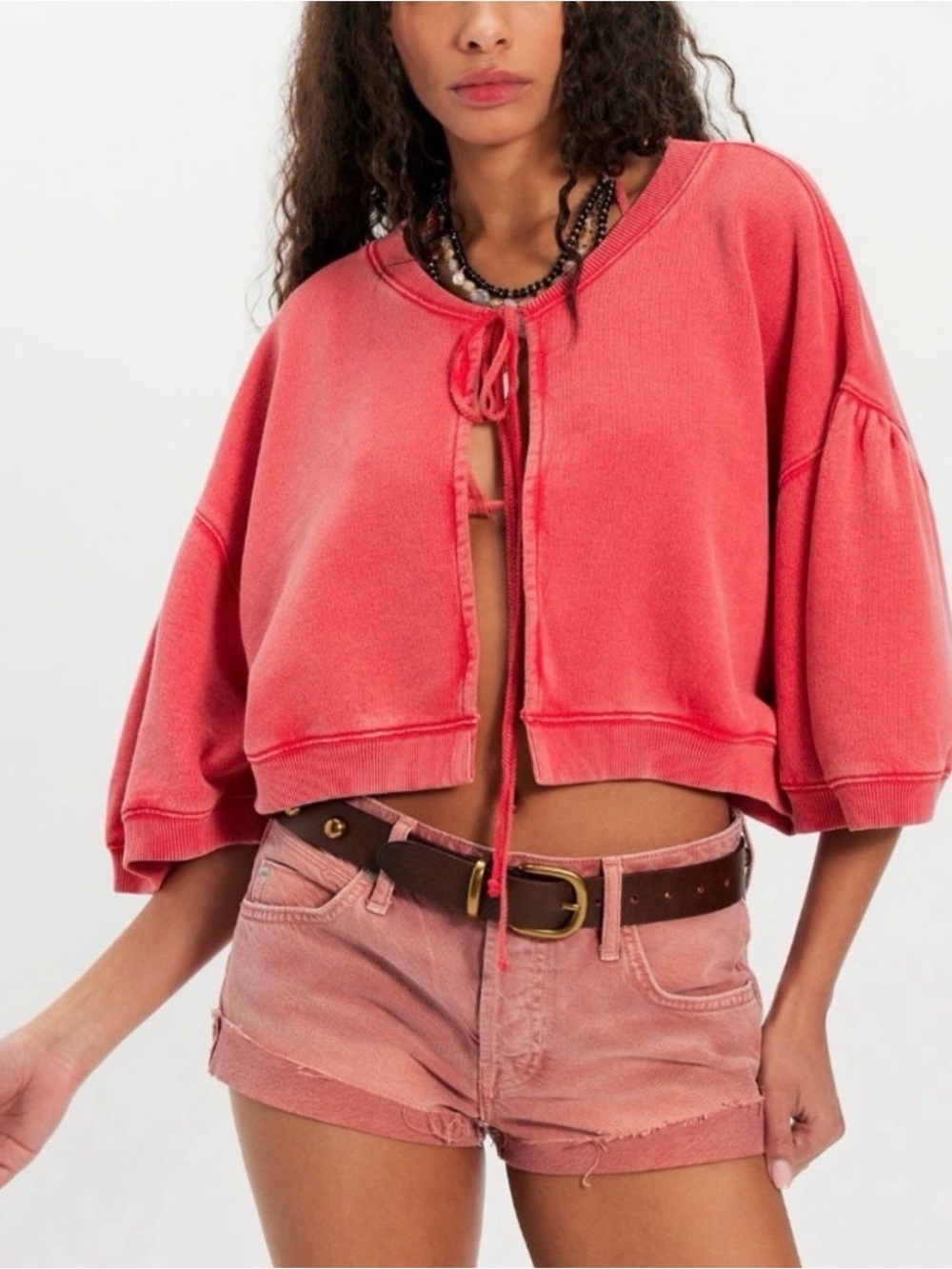 Free People Cozy Coral Tie-Front Sweatshirt cardigan